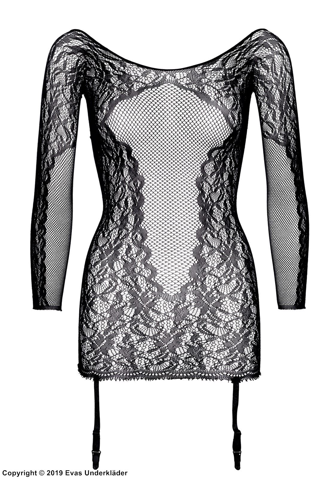 Night mini dress, net, floral lace, long sleeves, built-in garter belt strap